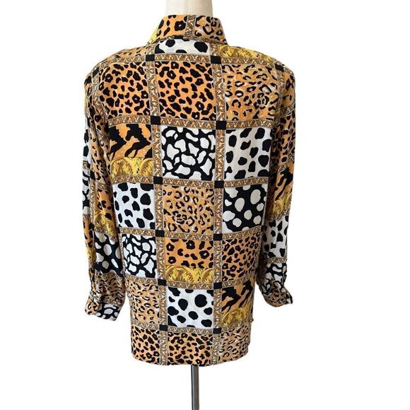 Vintage Animal Print Pattern Block Long Sleeve Silk Blouse - Picture 4 of 7
